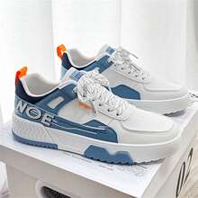 男士运动鞋青年滑板鞋时尚百搭新款小白鞋街拍圆头平底防滑透气pu皮面休闲运动鞋 - 藍色 - 查看 2