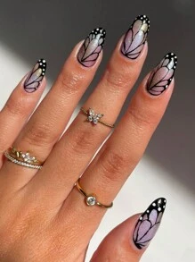 24 件長款優雅杏仁形指甲尖,彩色彩繪設計 + 1 件指甲銼 + 1 件果凍膠 - 彩色 - 查看 1