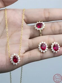Đỏ  Quả lựu Có màu sắc Zirconia Dát Dây chuyền , Nhẫn Và Bộ bông tai Với Hộp Quà , Đúng mốt Phong cách Vintage Đối với Ngày đêm , Lễ hội , Lễ cưới , Du lịch , Mặc hàng ngày , Thích hợp Dành cho Cô gái , bờ biển , Văn phòng , Và Như Món quà Đối với Bạn gái , Mẹ , Giáo viên , Bạn , - Dây chuyền + nhẫn + đôi bông tai - Xem 3
