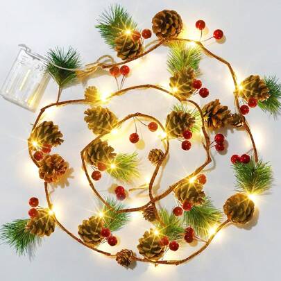 Christmas Garland Lights String, Red Berries Pine Cones Pine Needles, Xmas Decorative Lights For Home Table Fireplace Christmas Decor Christmas Gift Thanksgiving Christmas Tree Decor Ornaments Christmas Light Bedroom Decor Home Decor Party Decor Holiday Festival Room Decor