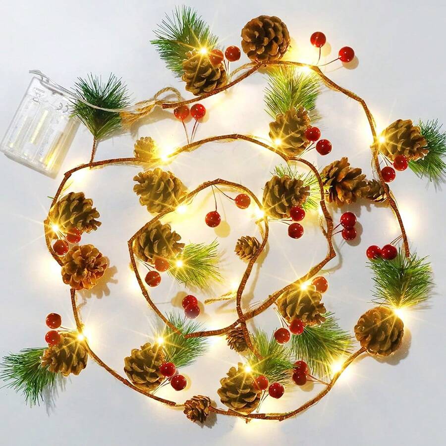 Christmas Garland Lights String, Red Berries Pine Cones Pine Needles, Xmas Decorative Lights For Home Table Fireplace Christmas Decor Christmas Gift Thanksgiving Christmas Tree Decor Ornaments Christmas Light Bedroom Decor Home Decor Party Decor Holiday Festival Room Decor