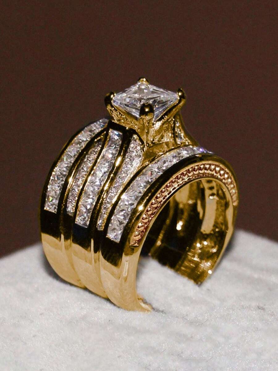 3入組/套奢華方晶鋯石戒指套裝適合女士適合婚禮派對訂婚週年紀念日首飾類情人節禮品 - 金黃色 - 查看 1