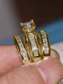 3入組/套奢華方晶鋯石戒指套裝適合女士適合婚禮派對訂婚週年紀念日首飾類情人節禮品 - 金黃色 - 查看 4