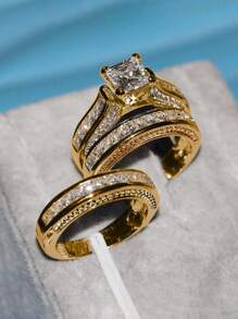 3入組/套奢華方晶鋯石戒指套裝適合女士適合婚禮派對訂婚週年紀念日首飾類情人節禮品 - 金黃色 - 查看 5