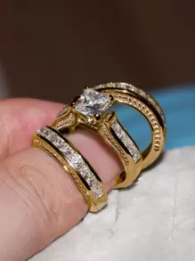 3入組/套奢華方晶鋯石戒指套裝適合女士適合婚禮派對訂婚週年紀念日首飾類情人節禮品 - 金黃色 - 查看 3