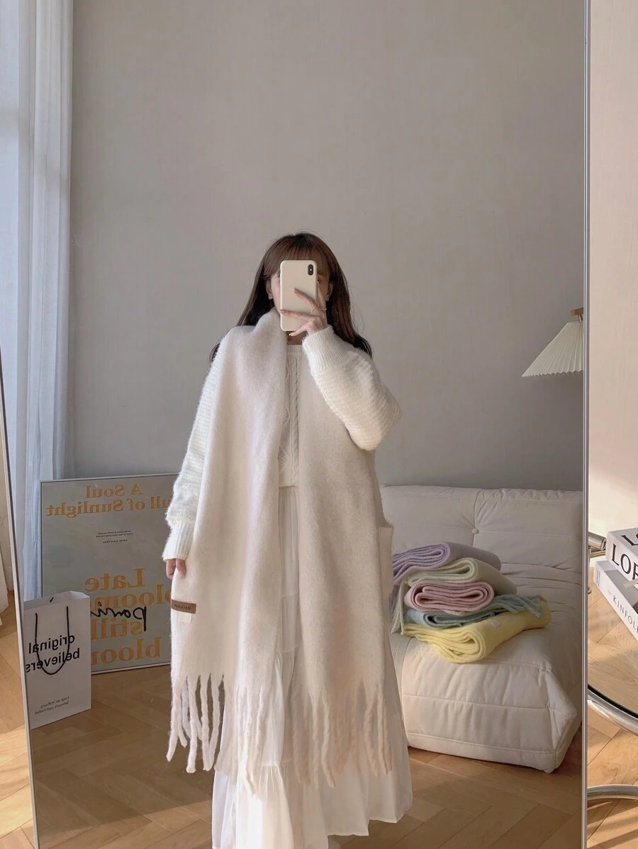 Macaroon Color Solid Warm Plush Scarf, Suitable For Daily Wear, Winter Scarf