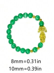 1 件 3 色猫眼石貔貅串珠弹性手链、猫眼石和玉石串珠手链、DIY 水晶和玛瑙圆珠貔貅手链、黑曜石时尚精致情侣手链 - 綠色 - 查看 4