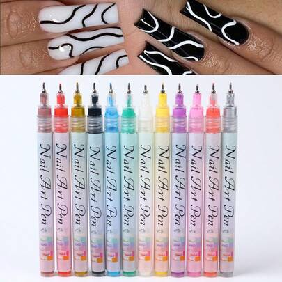 12支/套美甲马克笔，美甲涂鸦笔，用于绘制抽象线条和精致花卉图案，防水美甲工具，美甲用品