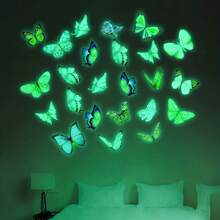 58入組發光蝴蝶牆貼紙,夜光彩色蝴蝶壁藝貼紙,diy家居臥室浴室裝飾 - 綠色 - 查看 1