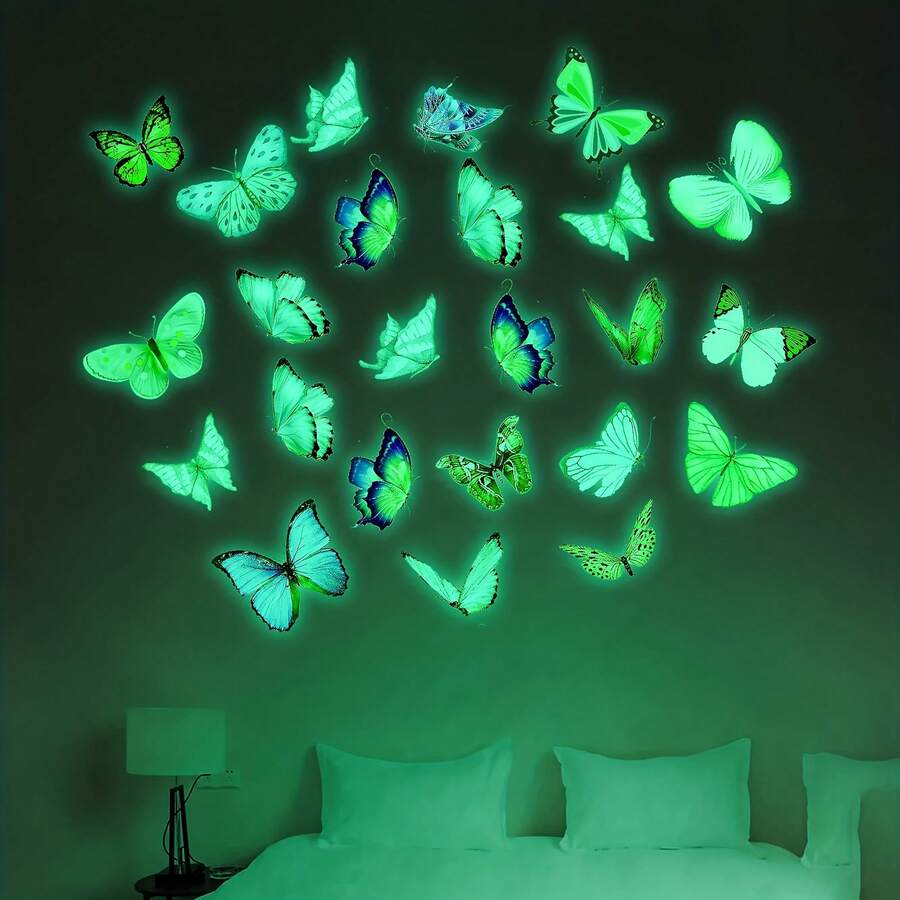 58入組發光蝴蝶牆貼紙,夜光彩色蝴蝶壁藝貼紙,diy家居臥室浴室裝飾 - 綠色 - 查看 1