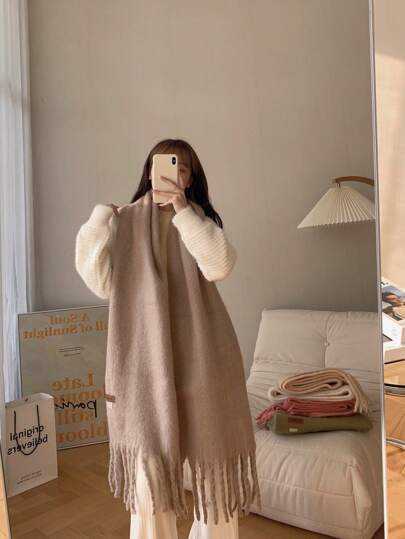 Macaron Solid Color Plush Warm Scarf For Daily Outfit, Couple Shawl Winter Fall