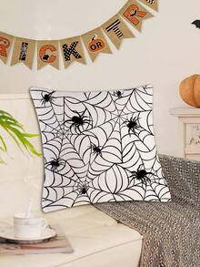 1入組萬聖節抱枕套,蜘蛛網抱枕套南瓜抱枕套,適用於家居沙發靠墊裝飾,萬聖節抱枕套 - 黑與白 - 查看 2