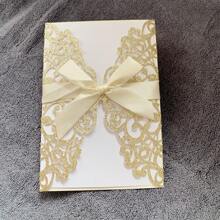 10 件/包闪光邀请卡套装（包括信封、空白珍珠纸插页和蝴蝶结）-激光切割优雅邀请卡适用于婚礼、派对、订婚、节日和其他活动返校情人节