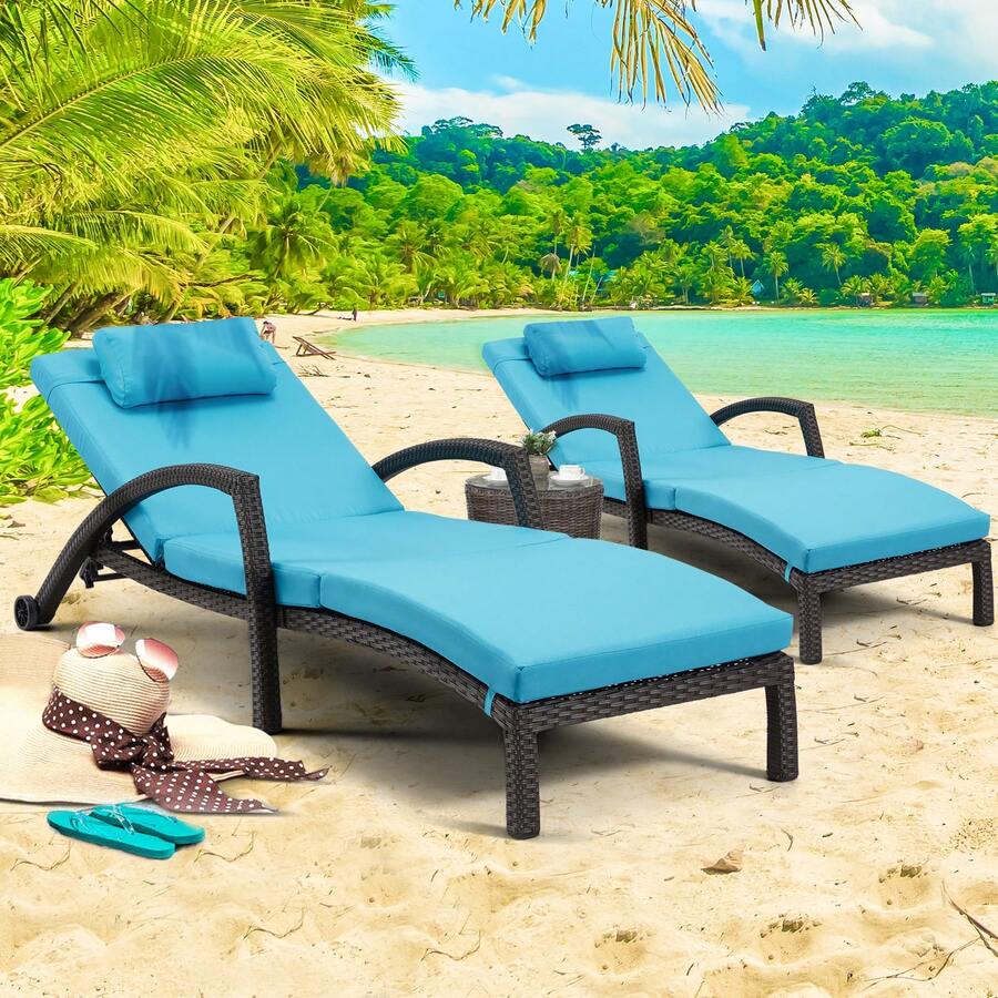 HOMREST Outside Chaise Lounge Chairs Set Of 2, Adjustable 6 Position Outdoor PE Rattan Wicker Patio Pool Lounge Chair With Cushion, Arm, Pillow And Wheels For Poolside Backyard Deck Porch Garden - Màu xanh lam - Xem 1