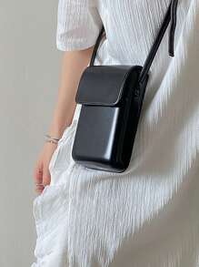 Minimalist Flap Crossbody Bag, Mini PU Leather Phone Purse, Women's Square Shoulder Bag (7.87*5.11*2.16) Inch - Black - View 5