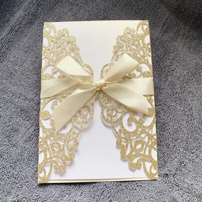 Paquete de 10 tarjetas de invitación con brillo (incluye sobre, inserto de papel perla en blanco y lazo) - Tarjetas de invitación elegantes con corte láser aptas para bodas, fiestas, compromisos, vacaciones y otros eventos como Día de San Valentín y inicio de curso