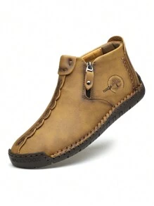 男士冬季新款風格靴子,大尺寸休閒手工皮革鞋,耐磨和防滑,時尚適用於秋天和冬天 - 棕色 - 查看 2