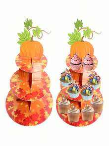 1入組秋季南瓜造型3層馬卡龍蛋糕架,楓葉紙板甜點支架塔,用於感恩節裝飾主題派對用品 - 如圖所示 - 查看 5