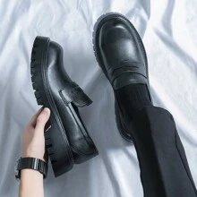 男士新款簡約黑色漆皮圓頭一腳蹬樂福鞋，舒適厚底增高鞋，適合商務休閒、時裝秀、時尚牛津鞋，適合派對、宴會、工作 - 黑色 - 查看 2