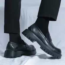 男士新款簡約黑色漆皮圓頭一腳蹬樂福鞋，舒適厚底增高鞋，適合商務休閒、時裝秀、時尚牛津鞋，適合派對、宴會、工作 - 黑色 - 查看 7