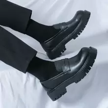 男士新款簡約黑色漆皮圓頭一腳蹬樂福鞋，舒適厚底增高鞋，適合商務休閒、時裝秀、時尚牛津鞋，適合派對、宴會、工作 - 黑色 - 查看 3