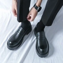 男士新款簡約黑色漆皮圓頭一腳蹬樂福鞋，舒適厚底增高鞋，適合商務休閒、時裝秀、時尚牛津鞋，適合派對、宴會、工作 - 黑色 - 查看 5