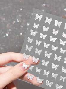 1片銀色反光閃粉蝴蝶美甲貼花，蝴蝶設計亮晶晶的裝飾美甲貼紙，美甲裝飾貼紙美甲貼花美甲技巧朋友禮物DIY - 銀色 - 查看 3