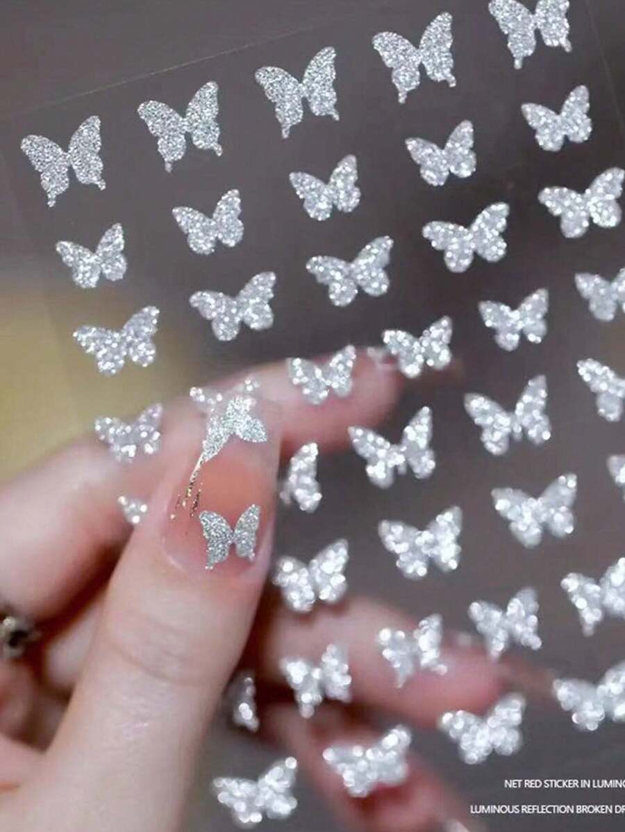 1片銀色反光閃粉蝴蝶美甲貼花，蝴蝶設計亮晶晶的裝飾美甲貼紙，美甲裝飾貼紙美甲貼花美甲技巧朋友禮物DIY - 銀色 - 查看 1