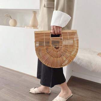 Handmade Bamboo Half Circle Beach Bag, Woven Rattan Straw Vacation Tote Bag For Women