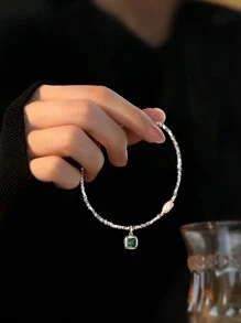 1入組時尚S925純銀綠色和仿珍珠手鍊，法式復古風格手飾，適合日常佩戴