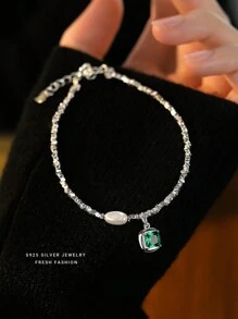 1入組時尚S925純銀綠色和仿珍珠手鍊，法式復古風格手飾，適合日常佩戴