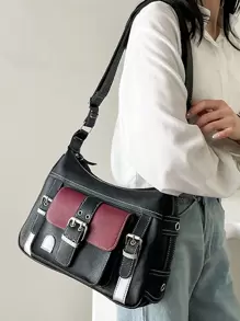 Yogodlns 大容量紋理手提袋,pu皮革雙色肩背包,女性通勤者斜揹包 - 彩色 - 查看 5