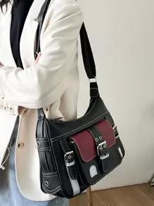 Yogodlns 大容量紋理手提袋,pu皮革雙色肩背包,女性通勤者斜揹包 - 彩色 - 查看 6