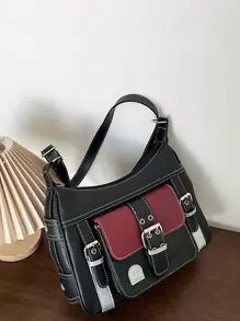 Yogodlns 大容量紋理手提袋,pu皮革雙色肩背包,女性通勤者斜揹包 - 彩色 - 查看 4