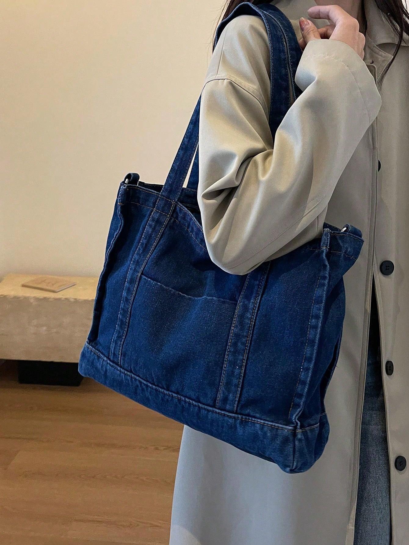 low tea Solid Color Denim Portable Zipper Closure Fashion Tote Bag For