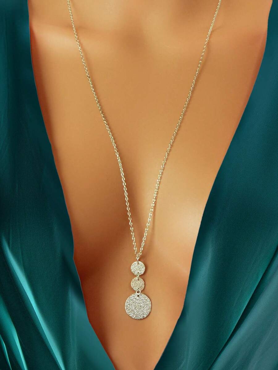 1 Stück modisches Design, trendig, minimalistisch, stilvoll, Silber, lange Kette, Scheiben Anhänger Halskette für Frauen, zum Ausgehen, Schmuck