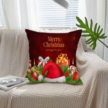 1pc Christmas Santa Claus Riding Car Printed Pillow Case Home Decoration Office Cushion Cover (without Filling) - Rose Red - View 2