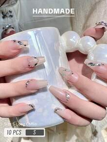 GIRL PLUS 10pcs/Set False Nails With Rhinestone Decor, Suitable For Daily Wear Press On Nails Nail Supplies - Dusty Pink - View 2