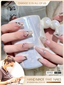 GIRL PLUS 10pcs/Set False Nails With Rhinestone Decor, Suitable For Daily Wear Press On Nails Nail Supplies - Dusty Pink - View 1