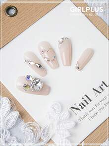 GIRL PLUS 10pcs/Set False Nails With Rhinestone Decor, Suitable For Daily Wear Press On Nails Nail Supplies - Dusty Pink - View 3