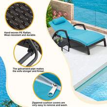 HOMREST Outside Chaise Lounge Chairs Set Of 2, Adjustable 6 Position Outdoor PE Rattan Wicker Patio Pool Lounge Chair With Cushion, Arm, Pillow And Wheels For Poolside Backyard Deck Porch Garden - Màu xanh lam - Xem 3