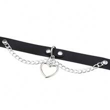 1入組女性鏈條連接心形吊墜PU皮革頸鏈朋克搖滾鎖骨鏈條 - 黑色 - 查看 5