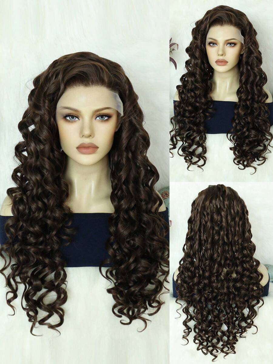 13*1.5 Big Bouffant Xoắn Ốc Xoăn Màu Nâu Sô Cô La 24 inch Dài Miễn Phí Một Phần Tự Nhiên Tổng Hợp Không Keo Chịu Nhiệt Sợi Mềm Tóc Mật Độ Cao Ren Phía Trước Tóc Giả dành cho Phụ Nữ Thời Trang Gợi Cảm Sử Dụng Hàng Ngày Trường Học Halloween Giáng Sinh Phụ Kiện Trang Phục & 1 Mũ Tóc Giả - Dark Brown - Xem 1