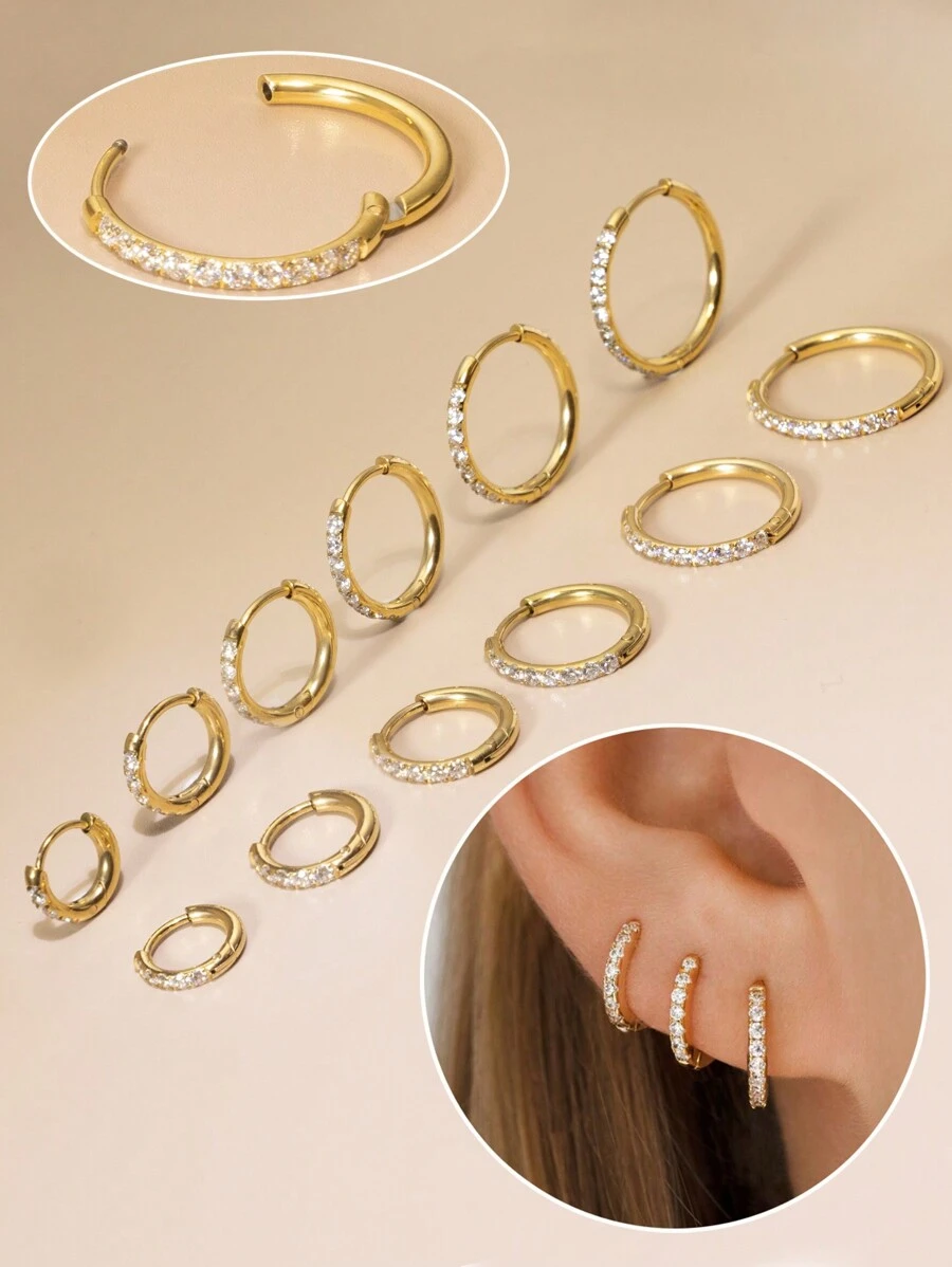 1對精美不銹鋼方晶鋯石裝飾圓耳環適合女士日常裝飾