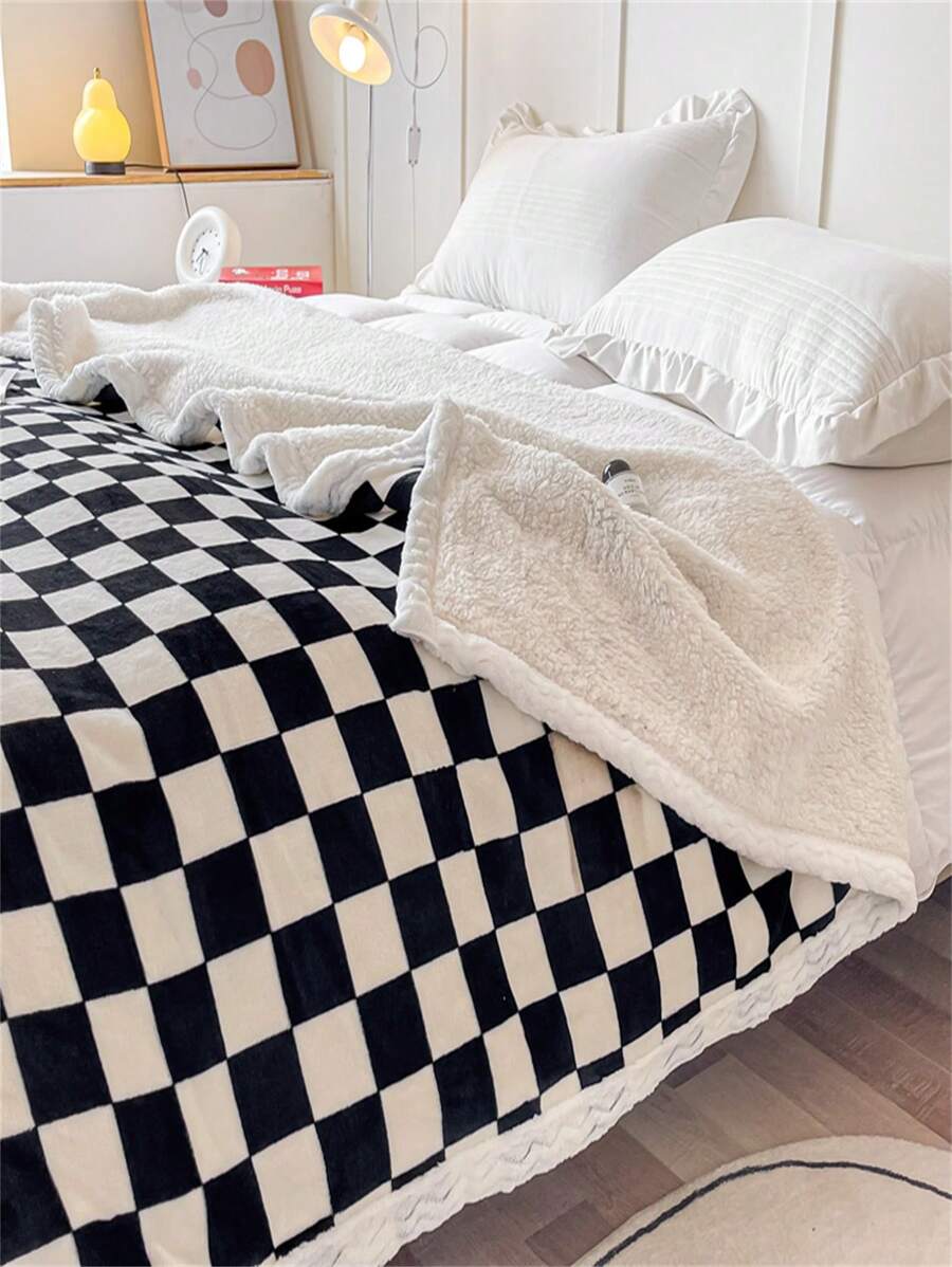 Thick Warm Checkered Fleece Blanket, Plush Blanket, Composite Checkered Blanket, Double Layer Blanket - Black and White - View 1