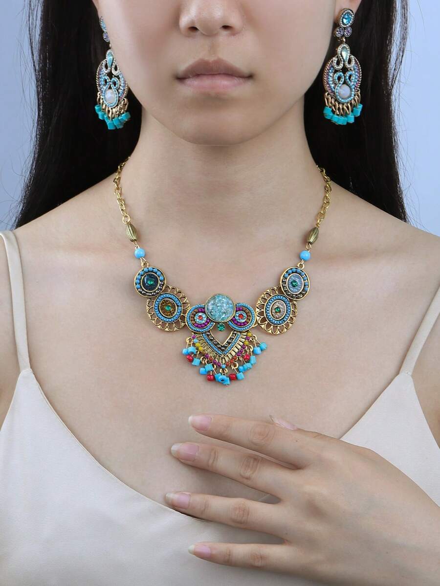 1套華麗優雅的波西米亞宮殿風格的綠松石色項鍊和耳環套裝,適用於女性節日生日舞會婚禮慶典假日配飾 - 藍色 - 查看 1