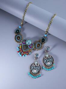 1套華麗優雅的波西米亞宮殿風格的綠松石色項鍊和耳環套裝,適用於女性節日生日舞會婚禮慶典假日配飾 - 藍色 - 查看 2