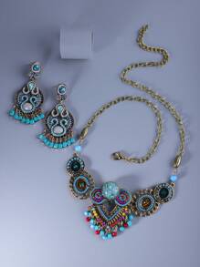 1套華麗優雅的波西米亞宮殿風格的綠松石色項鍊和耳環套裝,適用於女性節日生日舞會婚禮慶典假日配飾 - 藍色 - 查看 3