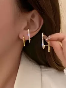 1pair Simple & Elegant Geometric Design Clear Rhinestone Stud Earrings Suitable For Women's Daily Wear And Parties - Yellow Gold - View 1