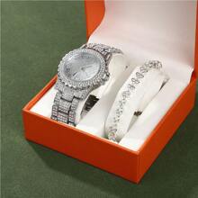 2pcs Set Women's Aluminum Alloy Waterdrop Rhinestone Watch & Bracelet Combo With Roman Pattern Dial, Night Light Pointer And Daily Decoration (box Not Include) - Gold - View 2